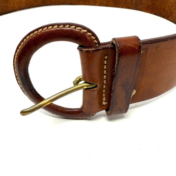 Ralph Lauren Women's Wide Brown Leather Belt with Round Buckle Polo Logo Size 32 - Picture 4 of 11